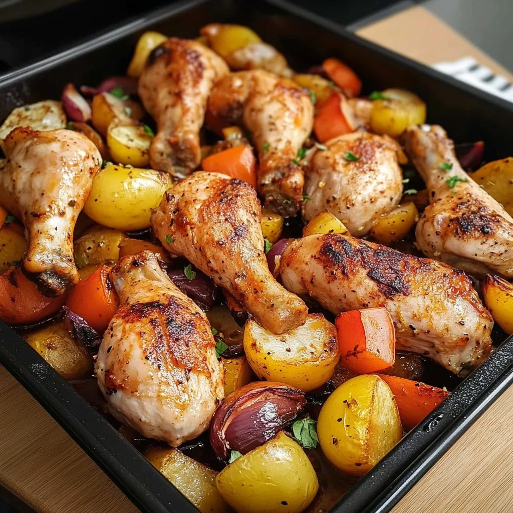 Hähnchenschenkel mit Gemüse und Kartoffeln aus dem Ofen