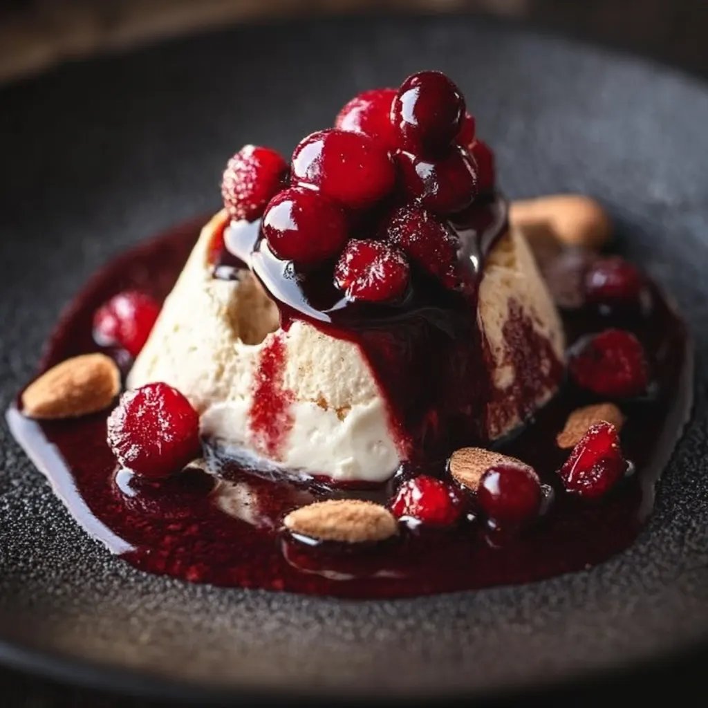 Cremiges Zimtparfait mit gebrannten Mandeln und Kirschen