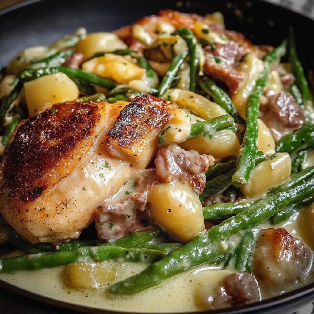 Grüne Bohnen mit Sahnesauce und Schinken